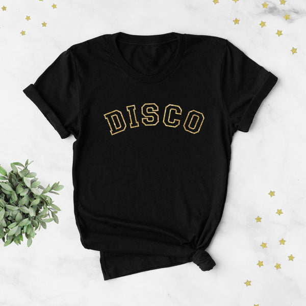 Disco Ladies Gold Glitter T-Shirt in Black