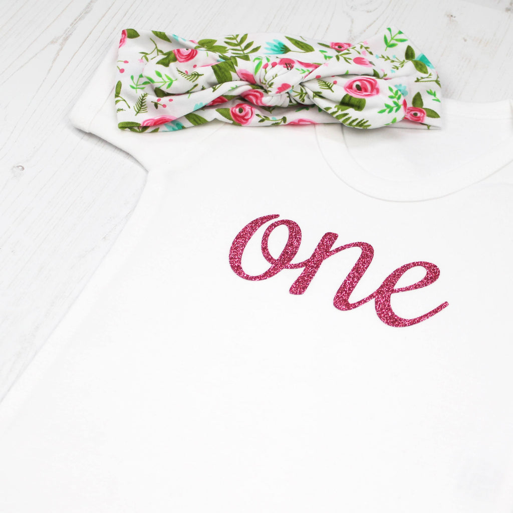 First Birthday Babygrow with Floral Headband - Betty Bramble