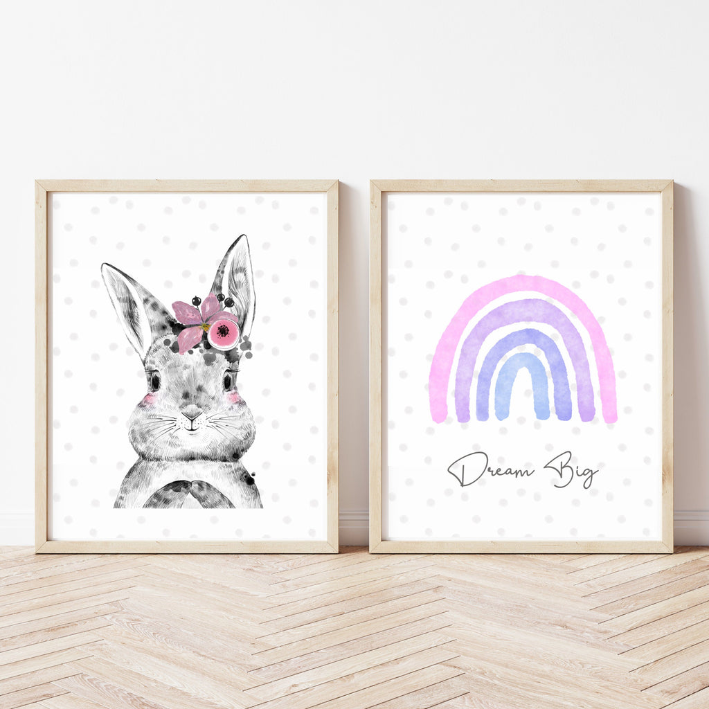 Rainbow and Bunny Rabbit Girls Nursery Art Print