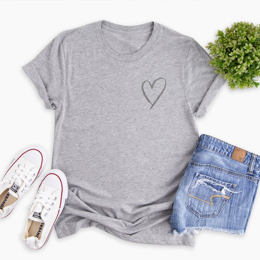Silver Glitter Heart Ladies Grey T Shirt