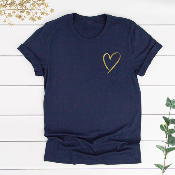 Metallic Gold Heart Ladies Navy T Shirt