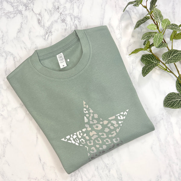 Sage Green and Silver Leopard Star Sweatshirt