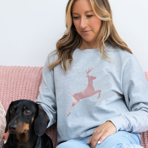 Ladies Rose Gold Leaping Stag Grey Jumper