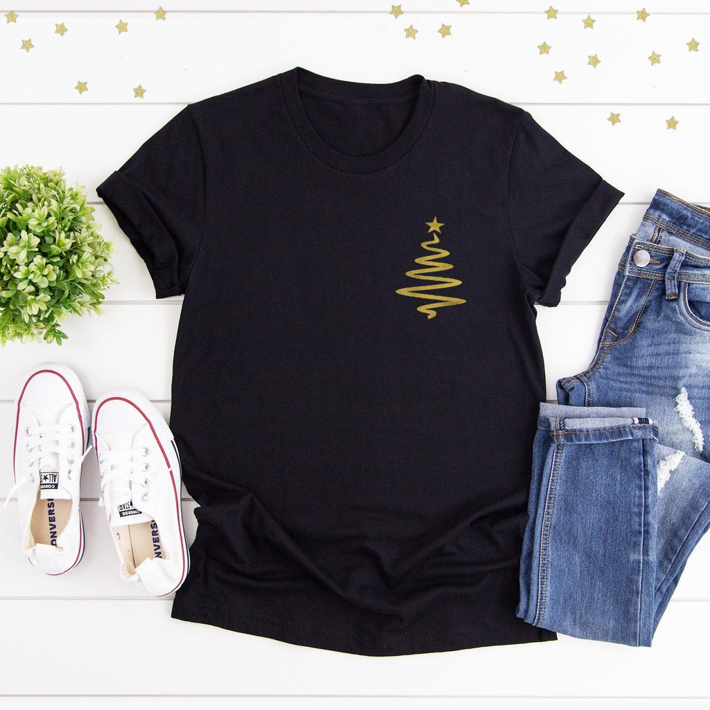 Gold Mini Christmas Tree T Shirt in Black