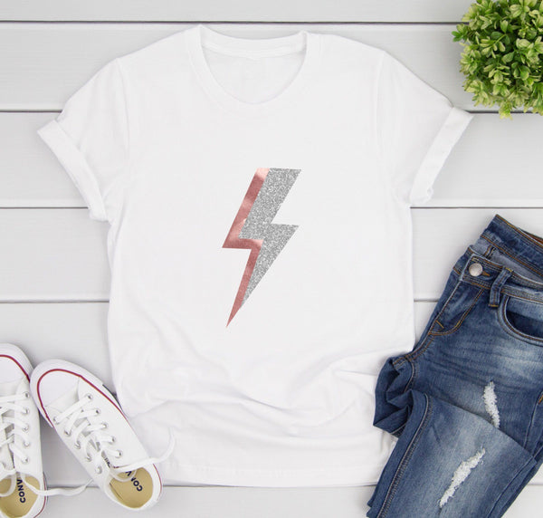 Ladies Rose Gold & Silver Lightning Bolt T Shirt