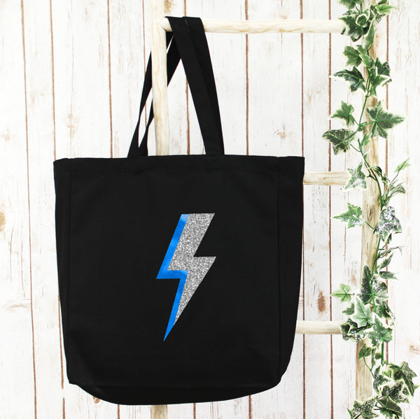Large Shopper Tote Bag with Blue Lightning Bolt, - Betty Bramble