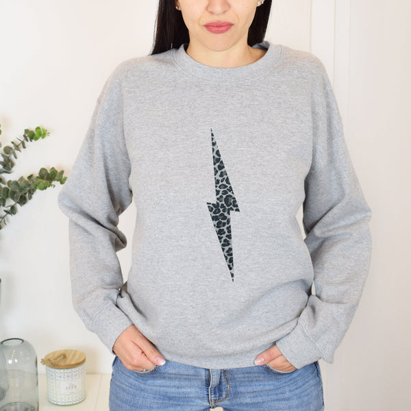 Grey Leopard Print Lightning Bolt Sweatshirt
