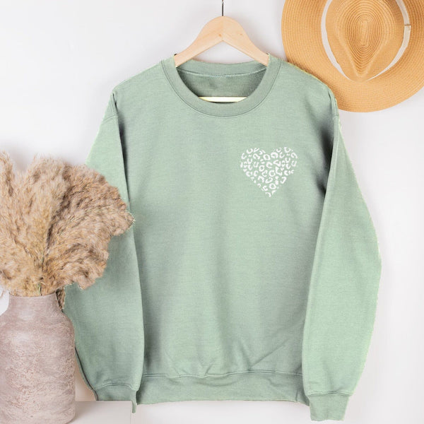 Sage Green Leopard Print Heart Sweatshirt