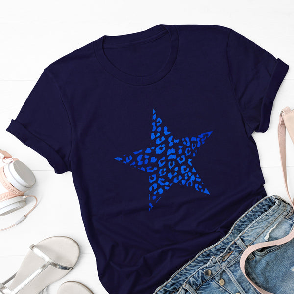 Metallic Blue Leopard Print Star T Shirt