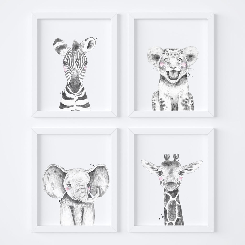 Monochrome Animal Safari Nursery Art Set,Art Print - Betty Bramble