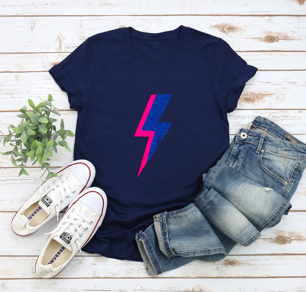 Neon and Navy Glitter Lightning Bolt T-Shirt