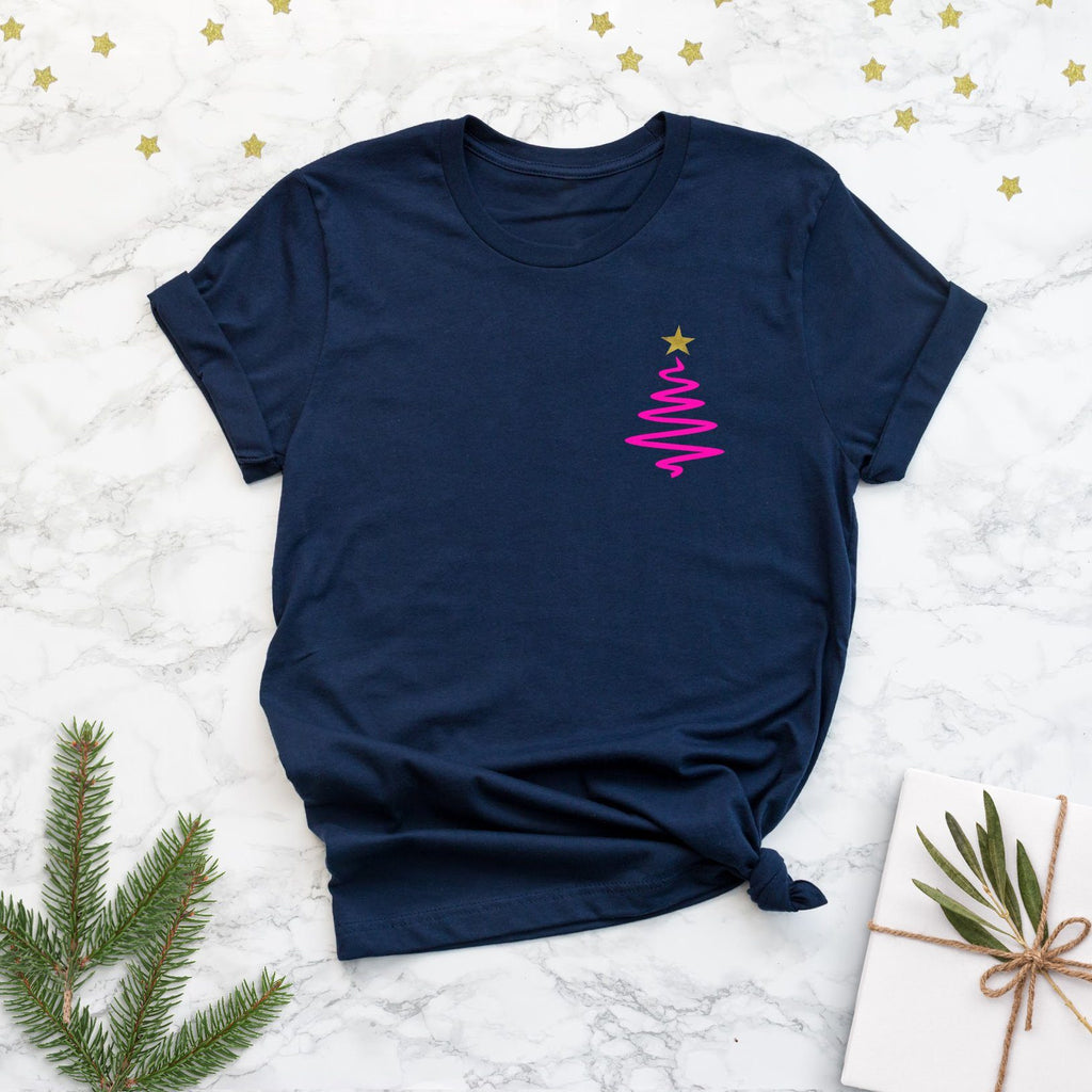 Neon Christmas Tree Pocket Design Ladies Navy T Shirt