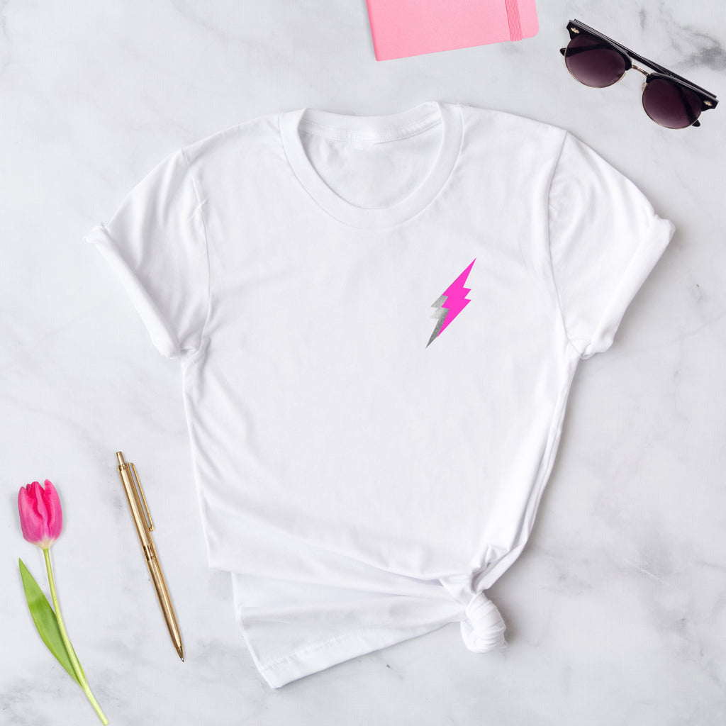 Ladies Neon Pink Lightning Bolt White T-Shirt