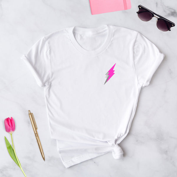 Ladies Neon Pink Lightning Bolt White T-Shirt