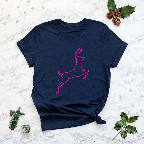 Neon Pink Reindeer Outline Ladies Christmas T-Shirt in Navy