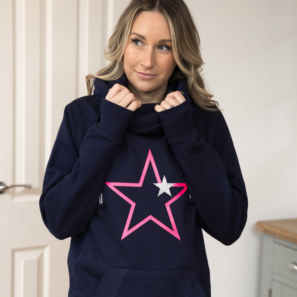 Neon Pink Starstruck Luxe Cowl Neck Hoodie