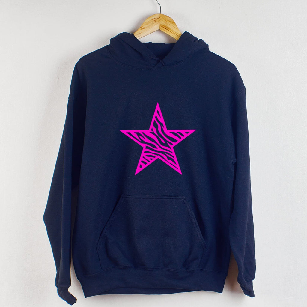 Zebra Star Navy Hooded Sweatshirt with Neon Pink