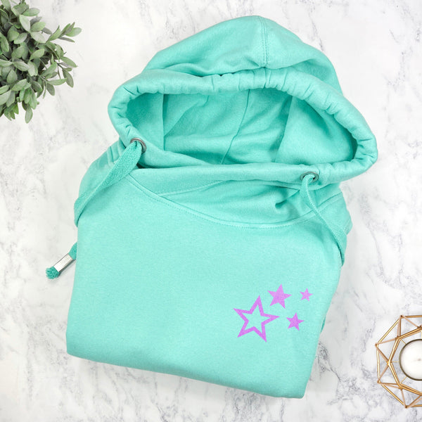 Peppermint Cowl Neck Hoodie with Lilac Scattered Stars