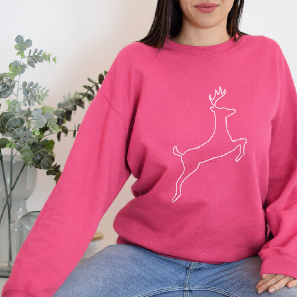 Bright Pink Leaping Silver Reindeer Christmas Sweatshirt