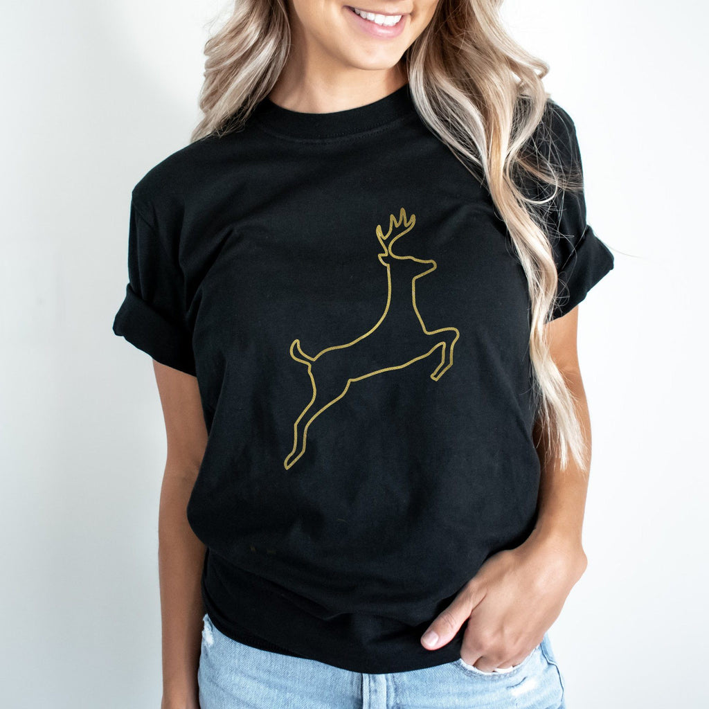 Gold Reindeer Outline Ladies Christmas T Shirt in Black