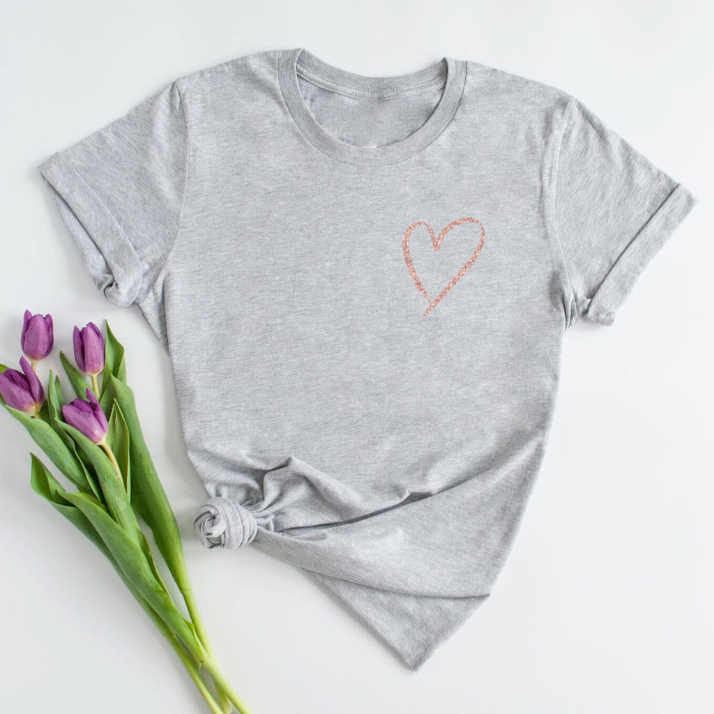 Rose Gold Glitter Heart Ladies Grey T Shirt
