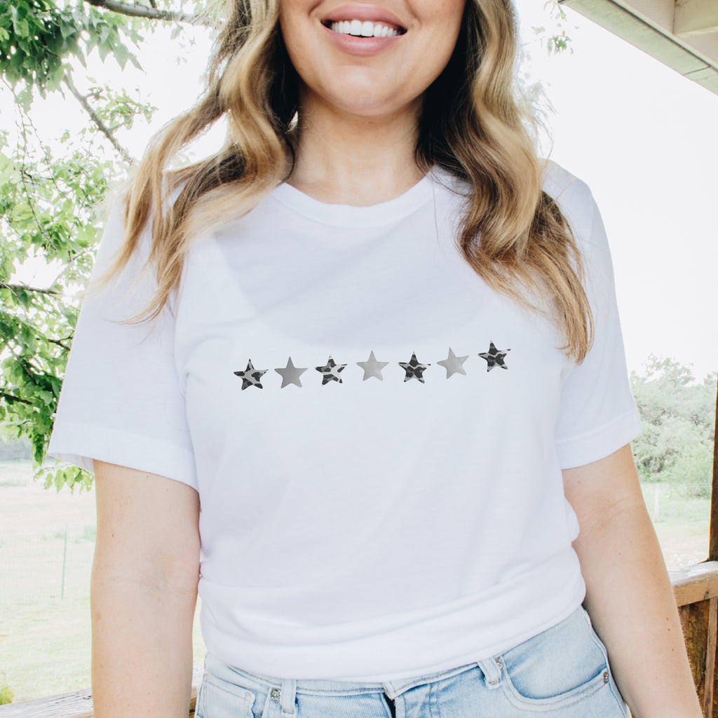 Silver and Leopard Mini Stars White T Shirt - BOYFRIEND FIT