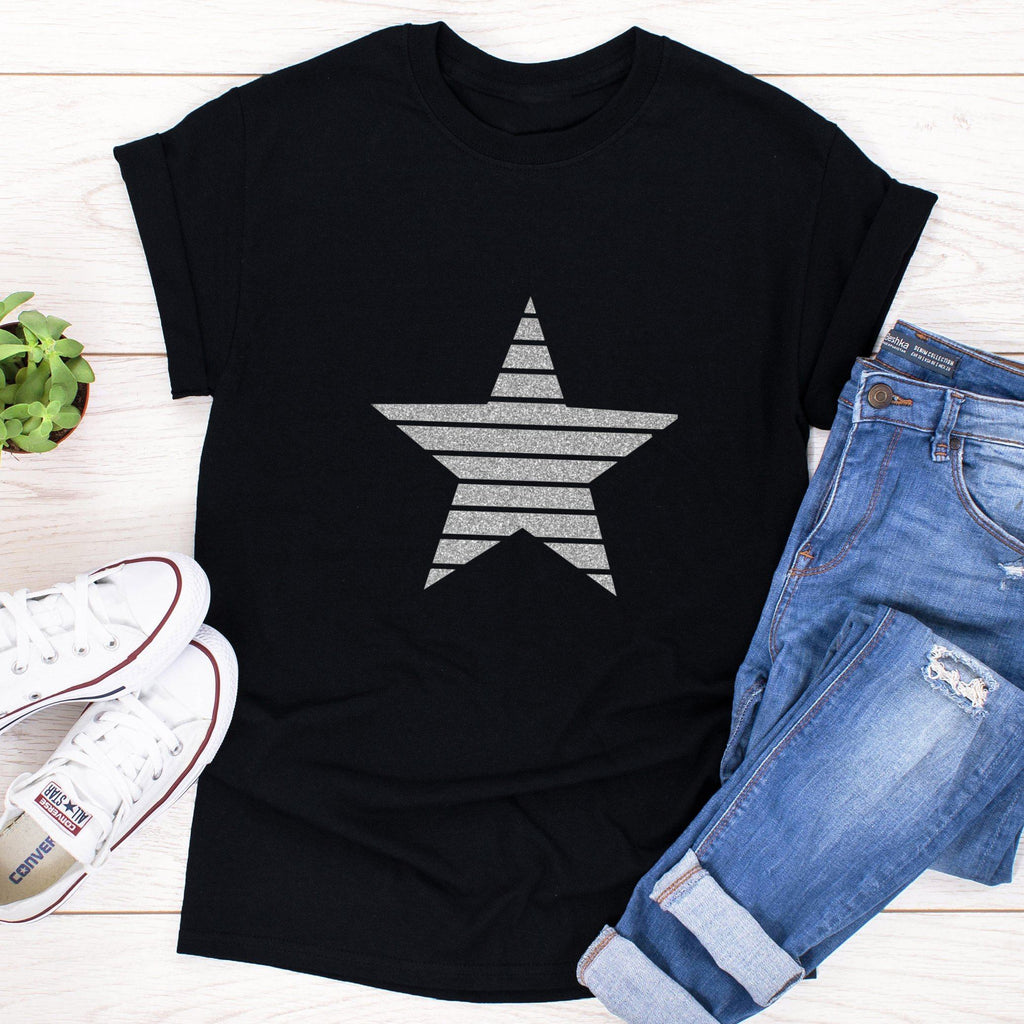 Ladies Large Silver Glitter Star T Shirt
