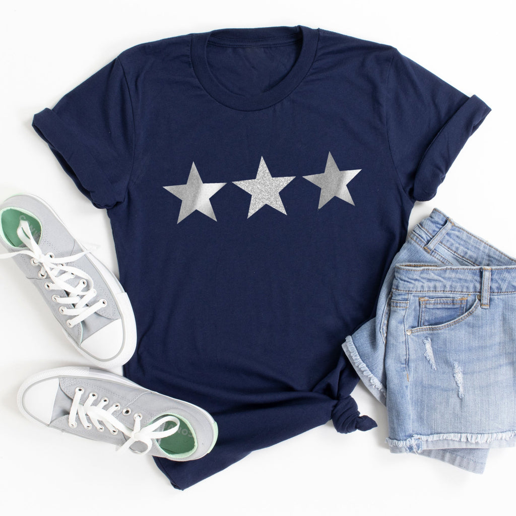 Triple Silver and Glitter Stars Ladies T Shirt