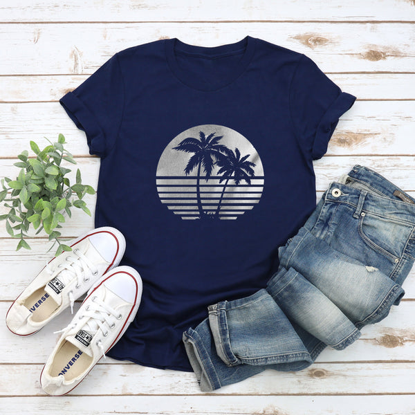Sunset Palm Tree Ladies T-Shirt in Silver