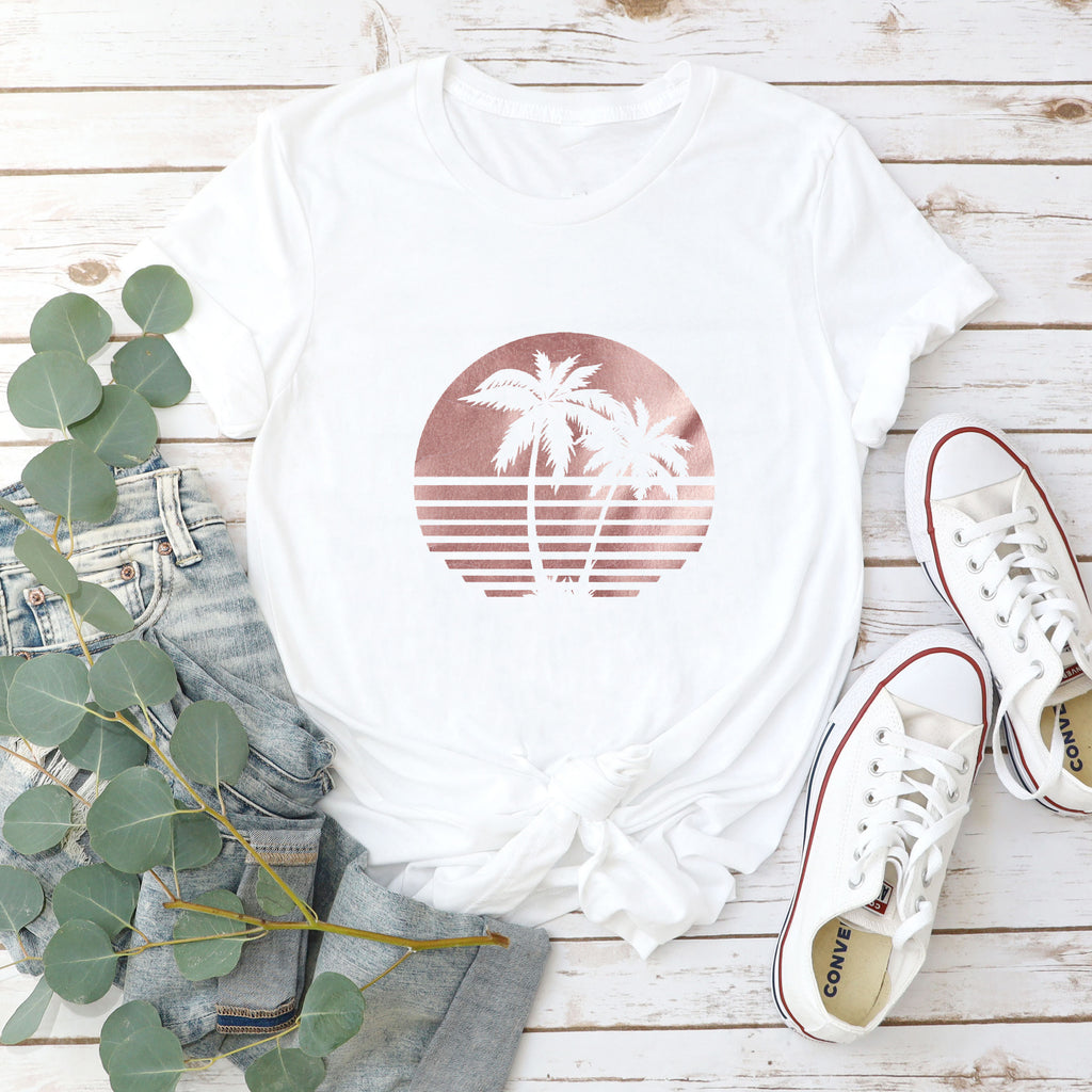 Sunset Palm Tree Ladies TShirt in Rose Gold