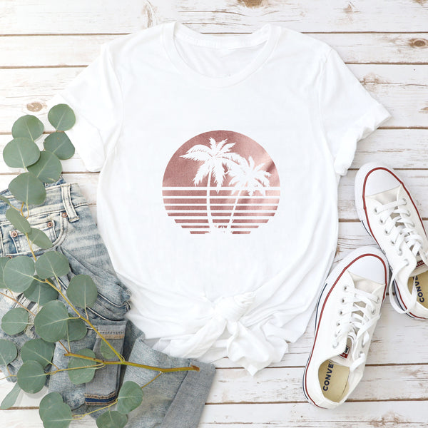 Sunset Palm Tree Ladies TShirt in Rose Gold
