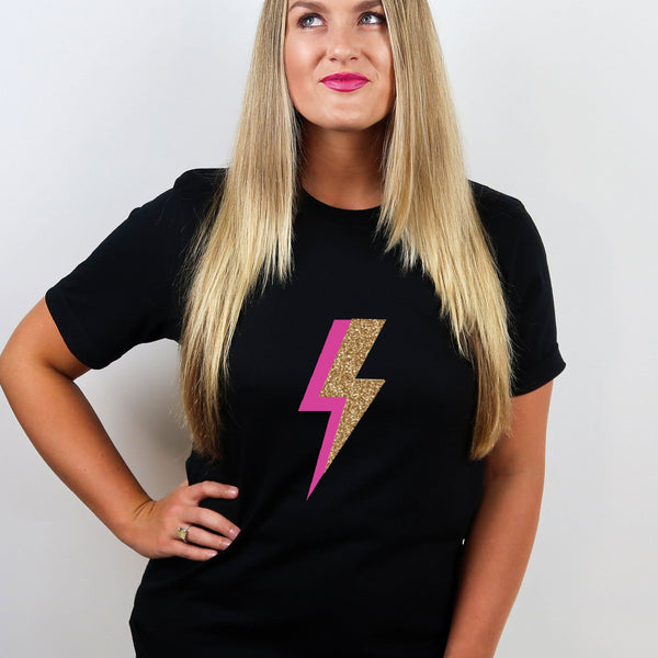 Ladies Gold and Bright Pink Thunder Bolt T Shirt